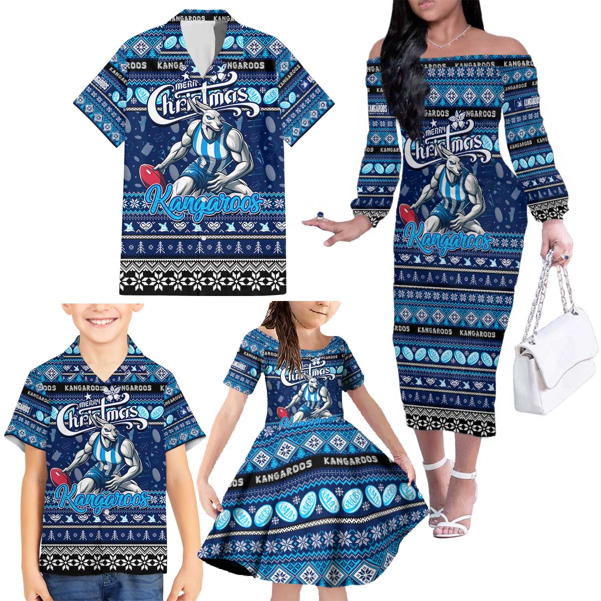 Personalized Kangaroos Rugby Xmas Family Matching Off The Shoulder Long Sleeve Dress and Hawaiian Shirt Australia AFL Mascot