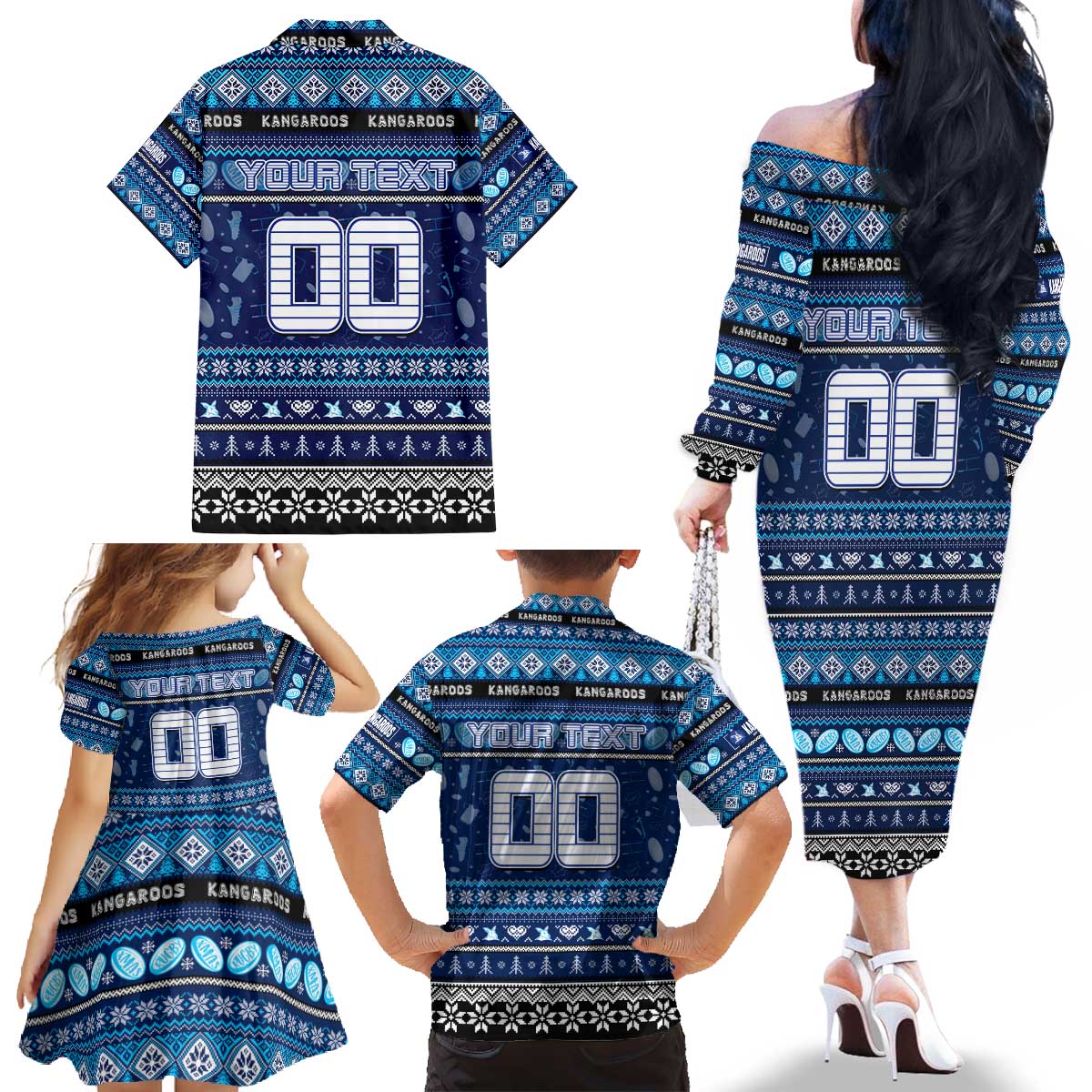 Personalized Kangaroos Rugby Xmas Family Matching Off The Shoulder Long Sleeve Dress and Hawaiian Shirt Australia AFL Mascot