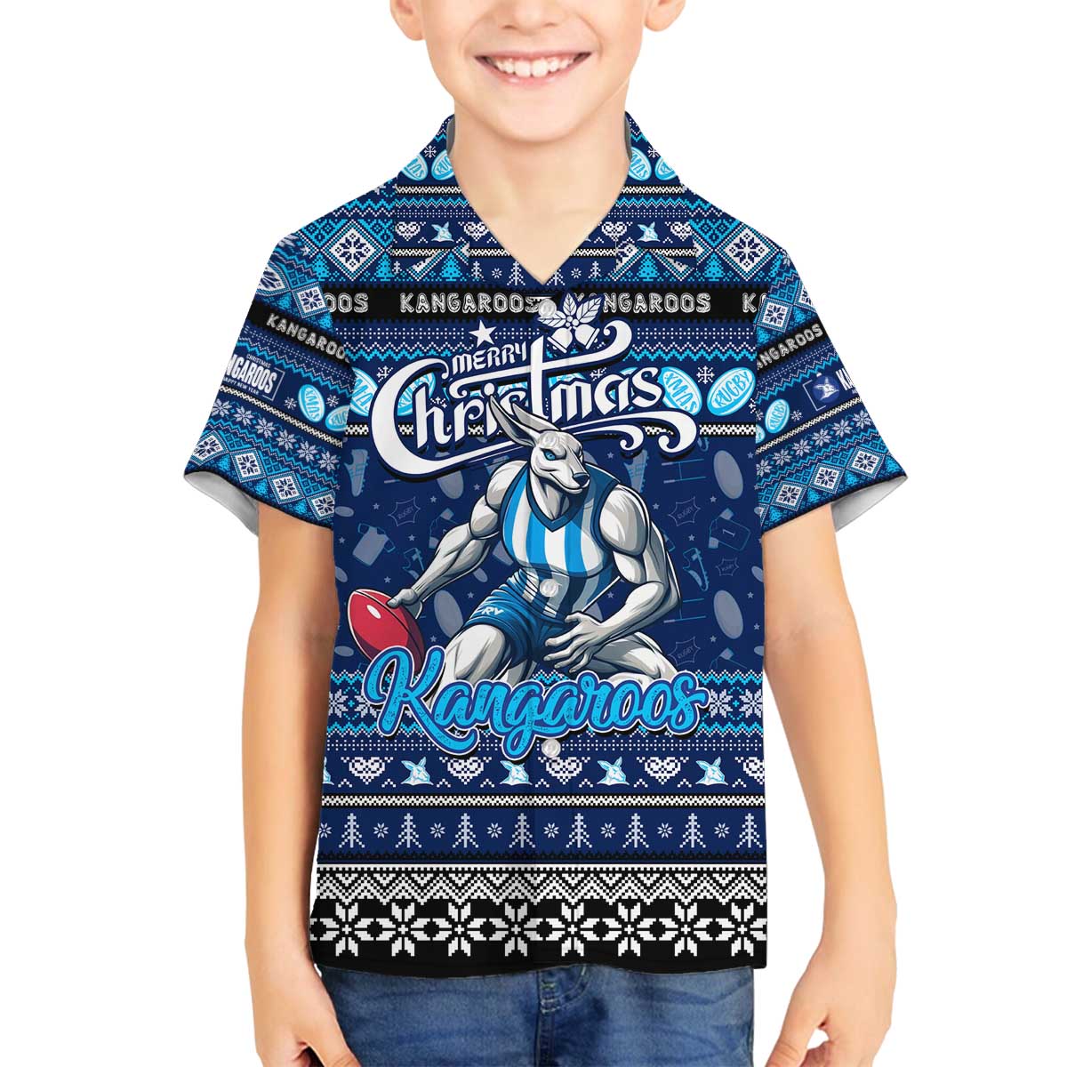 Personalized Kangaroos Rugby Xmas Family Matching Off The Shoulder Long Sleeve Dress and Hawaiian Shirt Australia AFL Mascot