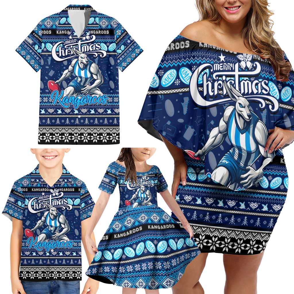 Personalized Kangaroos Rugby Xmas Family Matching Off Shoulder Short Dress and Hawaiian Shirt Australia AFL Mascot