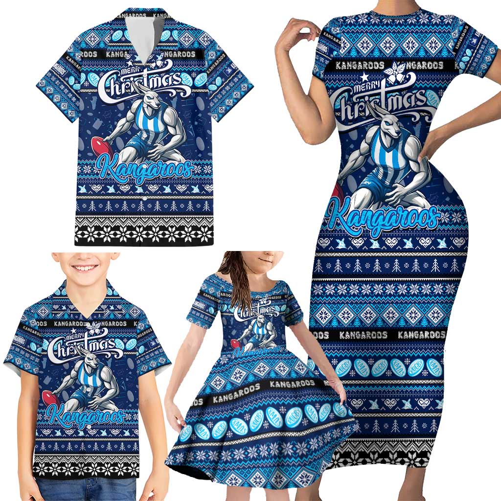Personalized Kangaroos Rugby Xmas Family Matching Short Sleeve Bodycon Dress and Hawaiian Shirt Australia AFL Mascot