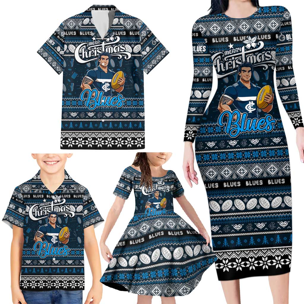 Personalized Blues Rugby Xmas Family Matching Long Sleeve Bodycon Dress and Hawaiian Shirt Australia AFL Mascot