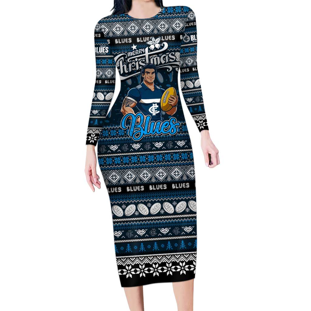 Personalized Blues Rugby Xmas Family Matching Long Sleeve Bodycon Dress and Hawaiian Shirt Australia AFL Mascot