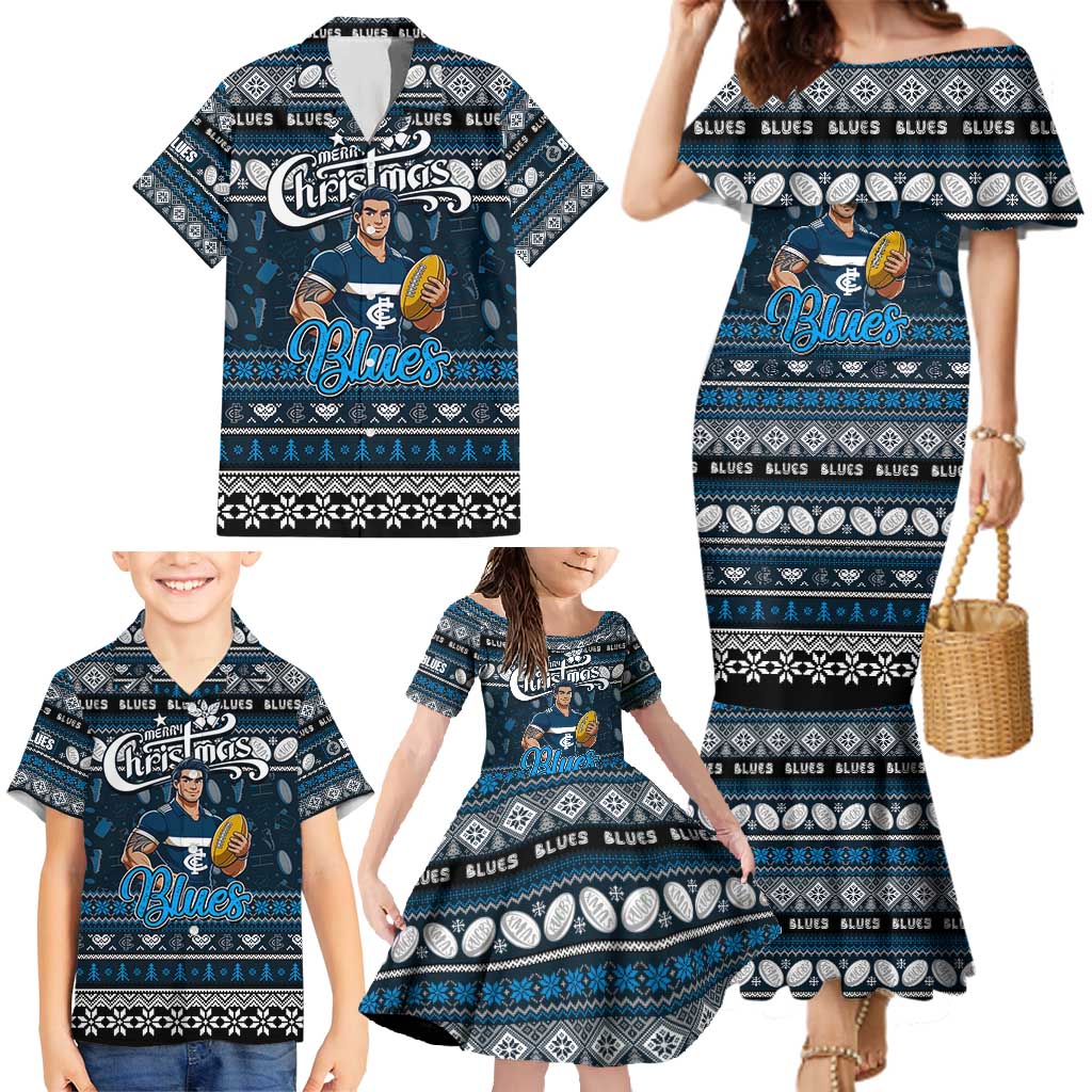 Personalized Blues Rugby Xmas Family Matching Mermaid Dress and Hawaiian Shirt Australia AFL Mascot