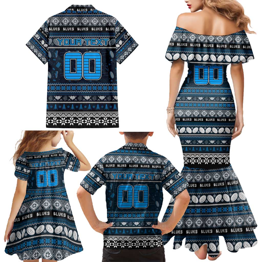 Personalized Blues Rugby Xmas Family Matching Mermaid Dress and Hawaiian Shirt Australia AFL Mascot