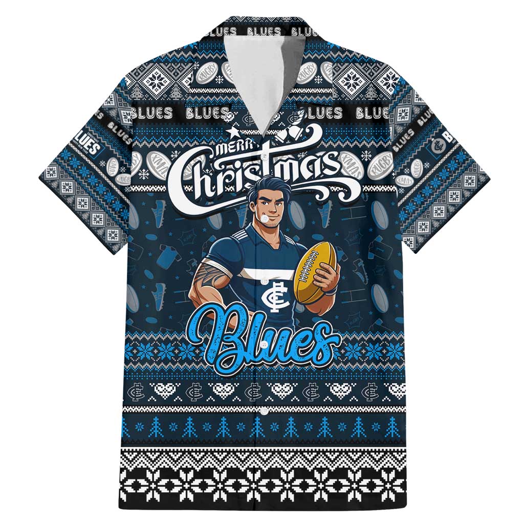 Personalized Blues Rugby Xmas Family Matching Mermaid Dress and Hawaiian Shirt Australia AFL Mascot