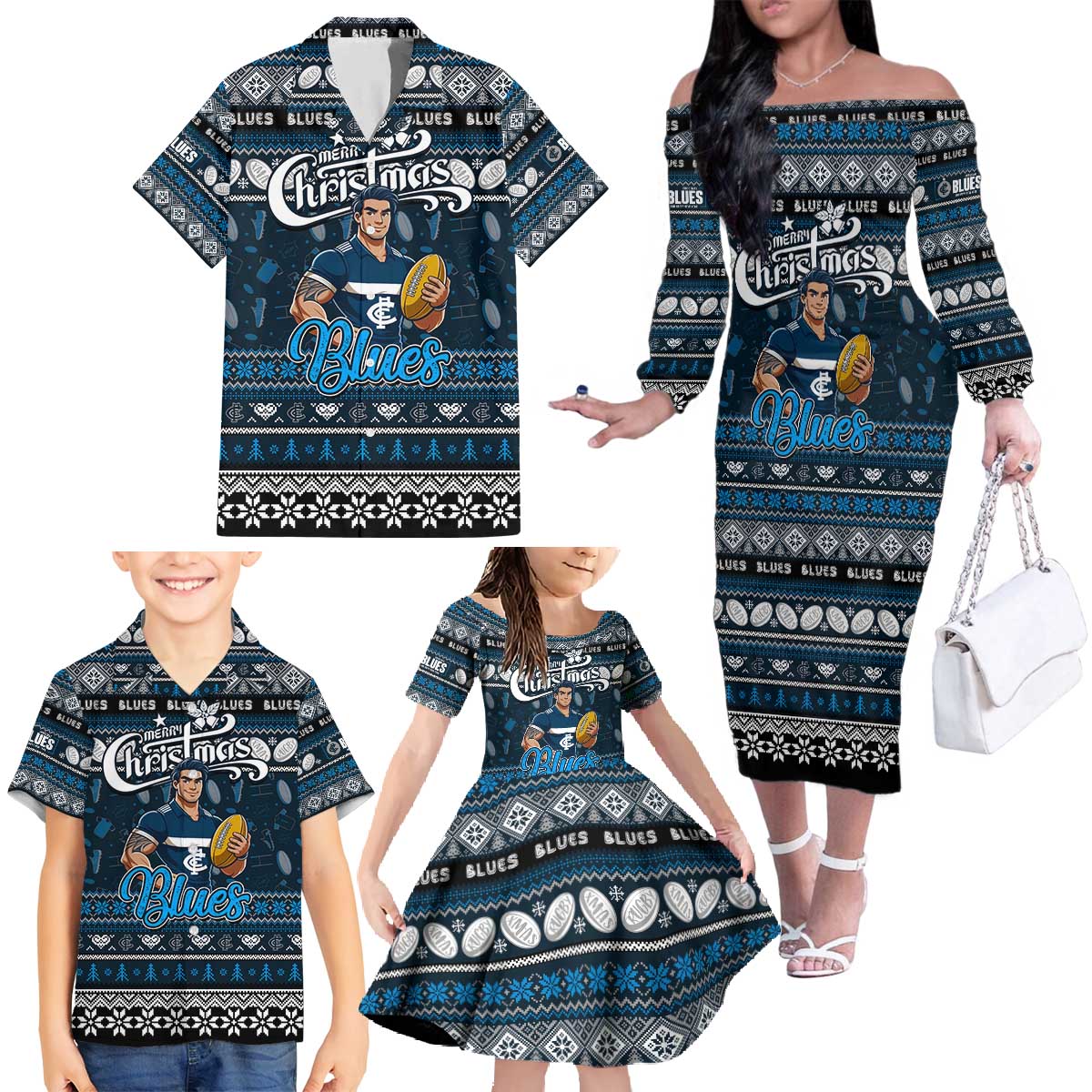 Personalized Blues Rugby Xmas Family Matching Off The Shoulder Long Sleeve Dress and Hawaiian Shirt Australia AFL Mascot