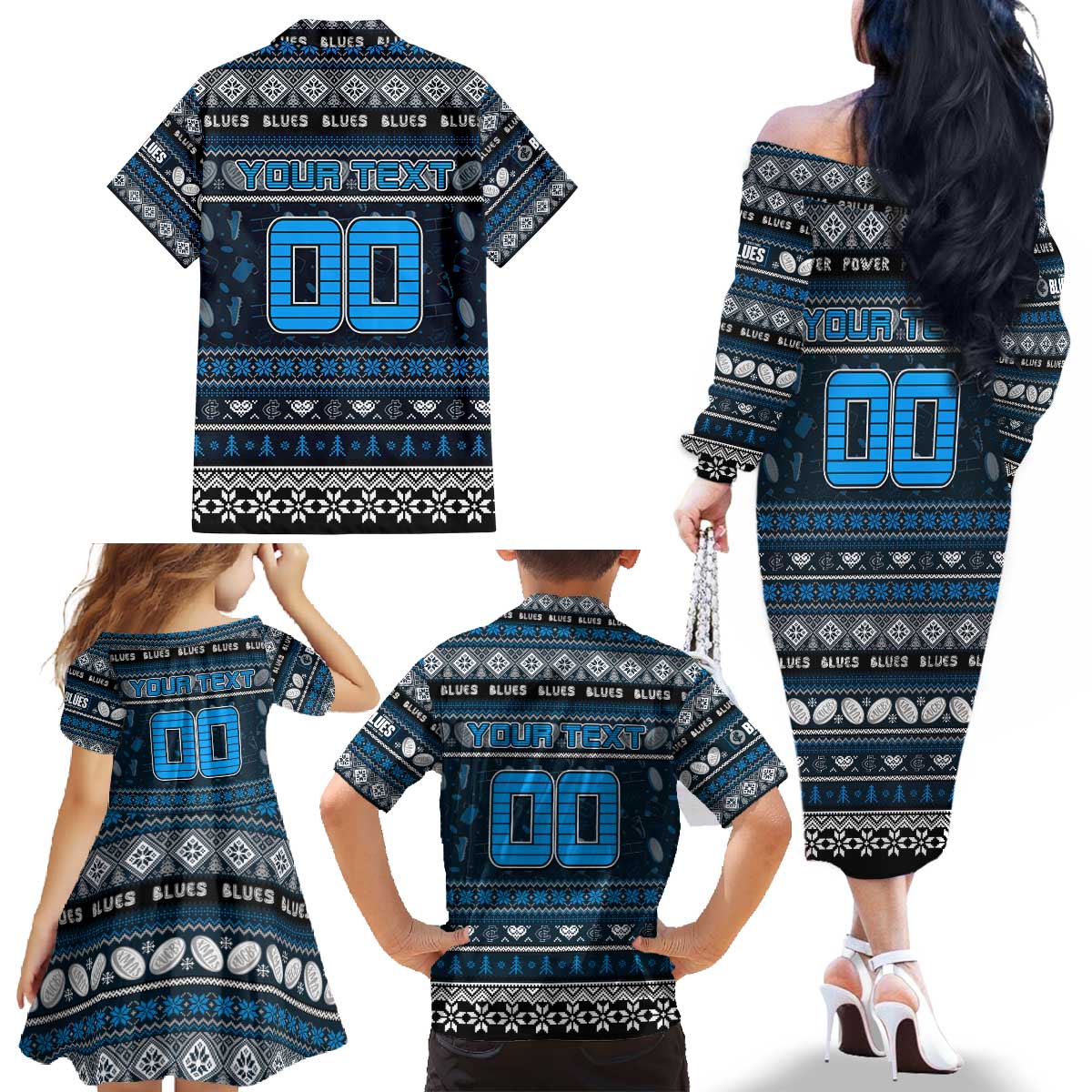 Personalized Blues Rugby Xmas Family Matching Off The Shoulder Long Sleeve Dress and Hawaiian Shirt Australia AFL Mascot