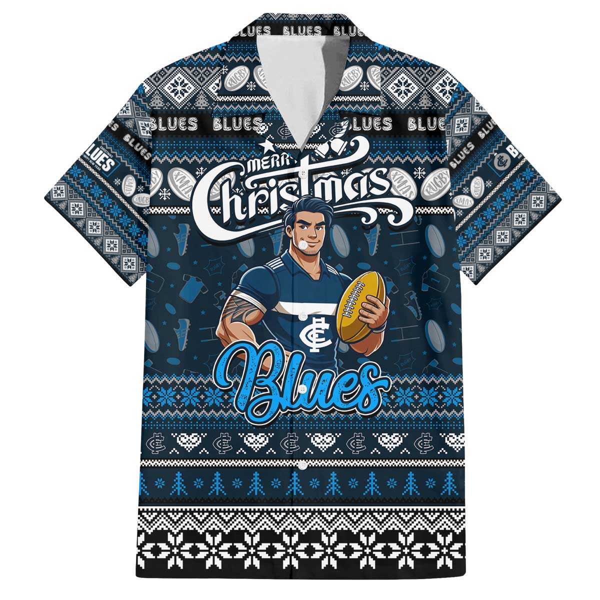 Personalized Blues Rugby Xmas Family Matching Off The Shoulder Long Sleeve Dress and Hawaiian Shirt Australia AFL Mascot