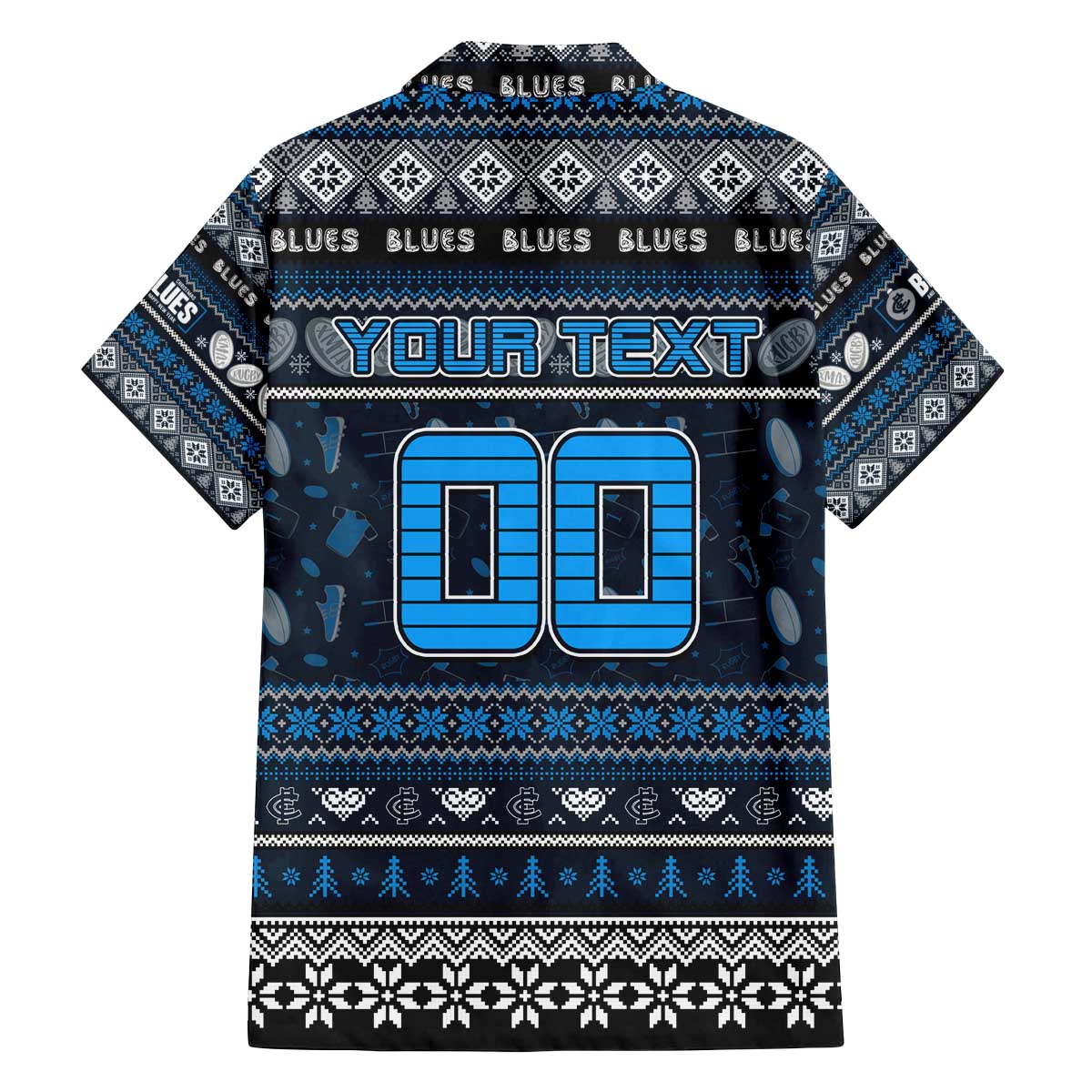 Personalized Blues Rugby Xmas Family Matching Off The Shoulder Long Sleeve Dress and Hawaiian Shirt Australia AFL Mascot