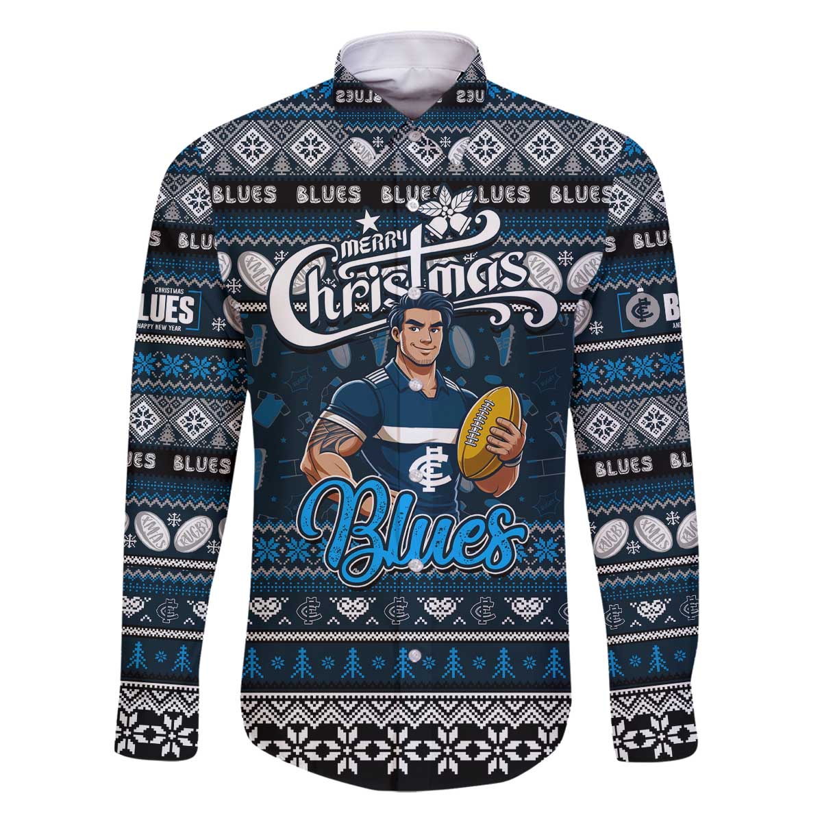 Personalized Blues Rugby Xmas Family Matching Off The Shoulder Long Sleeve Dress and Hawaiian Shirt Australia AFL Mascot