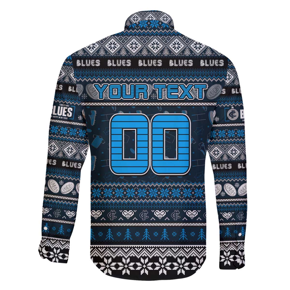 Personalized Blues Rugby Xmas Family Matching Off The Shoulder Long Sleeve Dress and Hawaiian Shirt Australia AFL Mascot