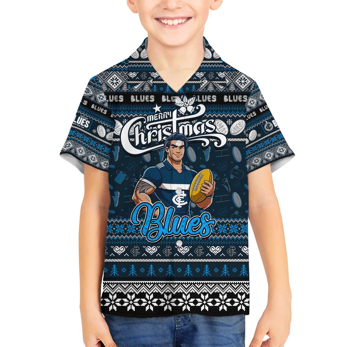 Personalized Blues Rugby Xmas Family Matching Off The Shoulder Long Sleeve Dress and Hawaiian Shirt Australia AFL Mascot