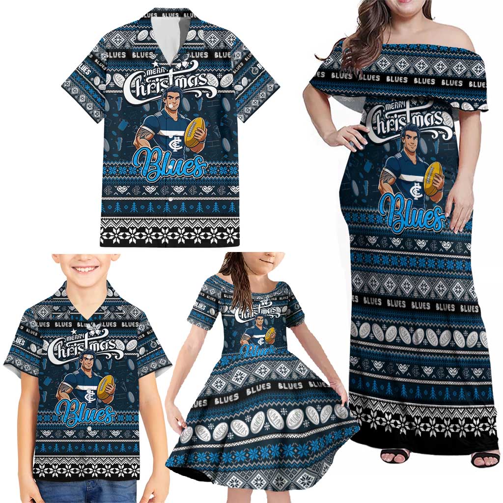 Personalized Blues Rugby Xmas Family Matching Off Shoulder Maxi Dress and Hawaiian Shirt Australia AFL Mascot