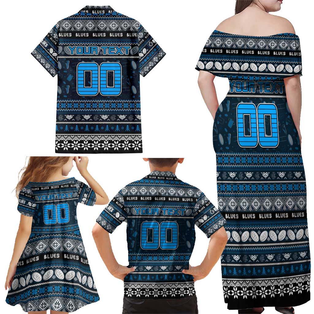 Personalized Blues Rugby Xmas Family Matching Off Shoulder Maxi Dress and Hawaiian Shirt Australia AFL Mascot