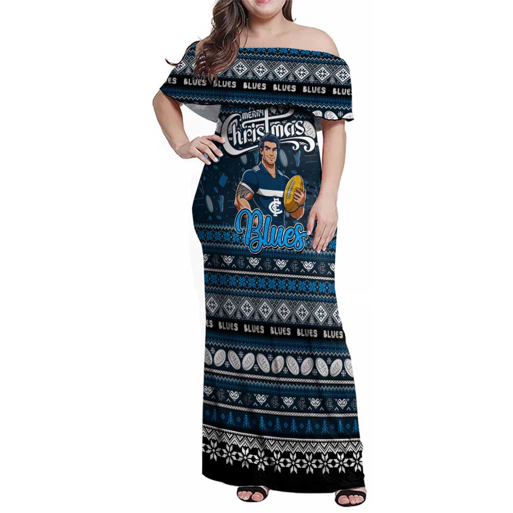 Personalized Blues Rugby Xmas Family Matching Off Shoulder Maxi Dress and Hawaiian Shirt Australia AFL Mascot