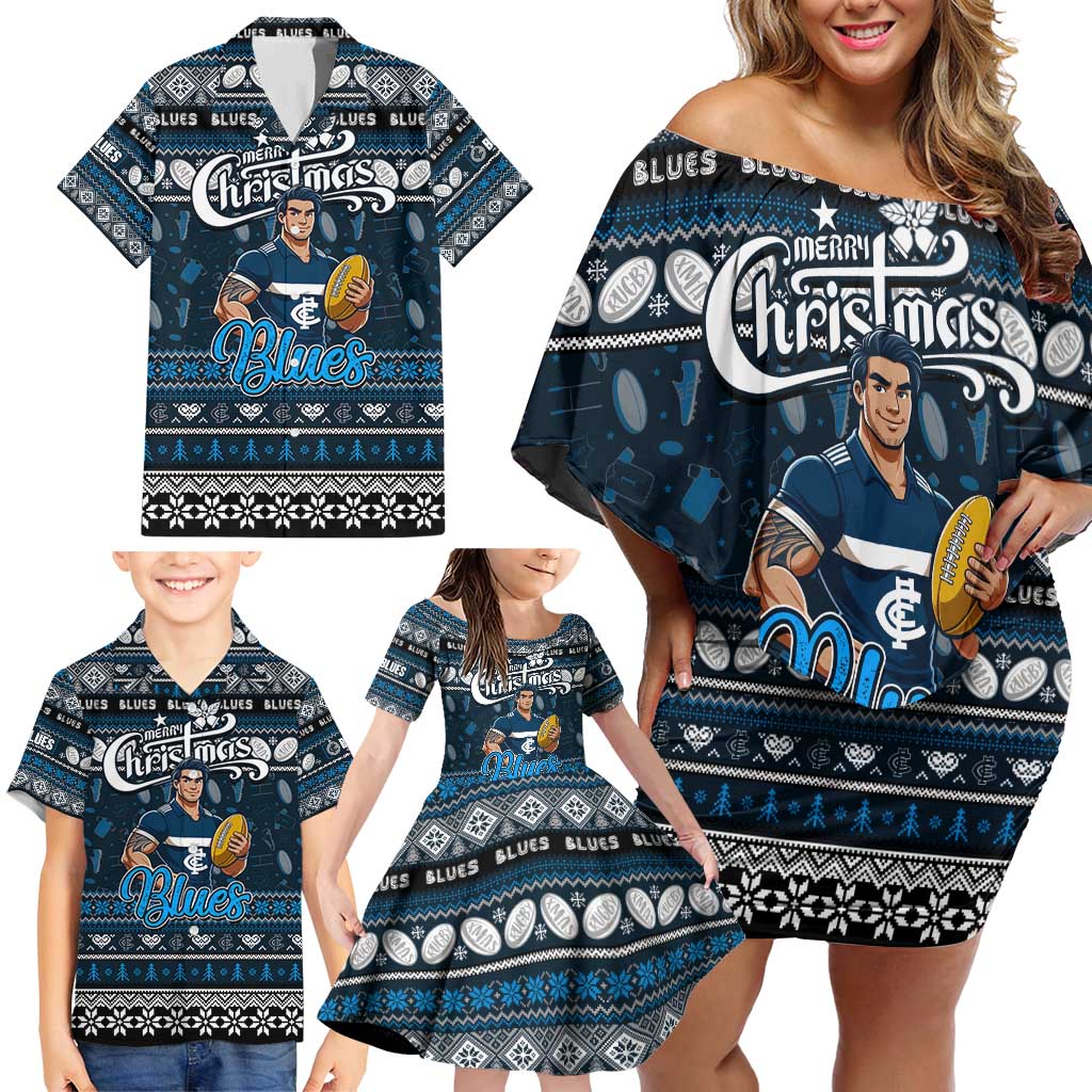 Personalized Blues Rugby Xmas Family Matching Off Shoulder Short Dress and Hawaiian Shirt Australia AFL Mascot