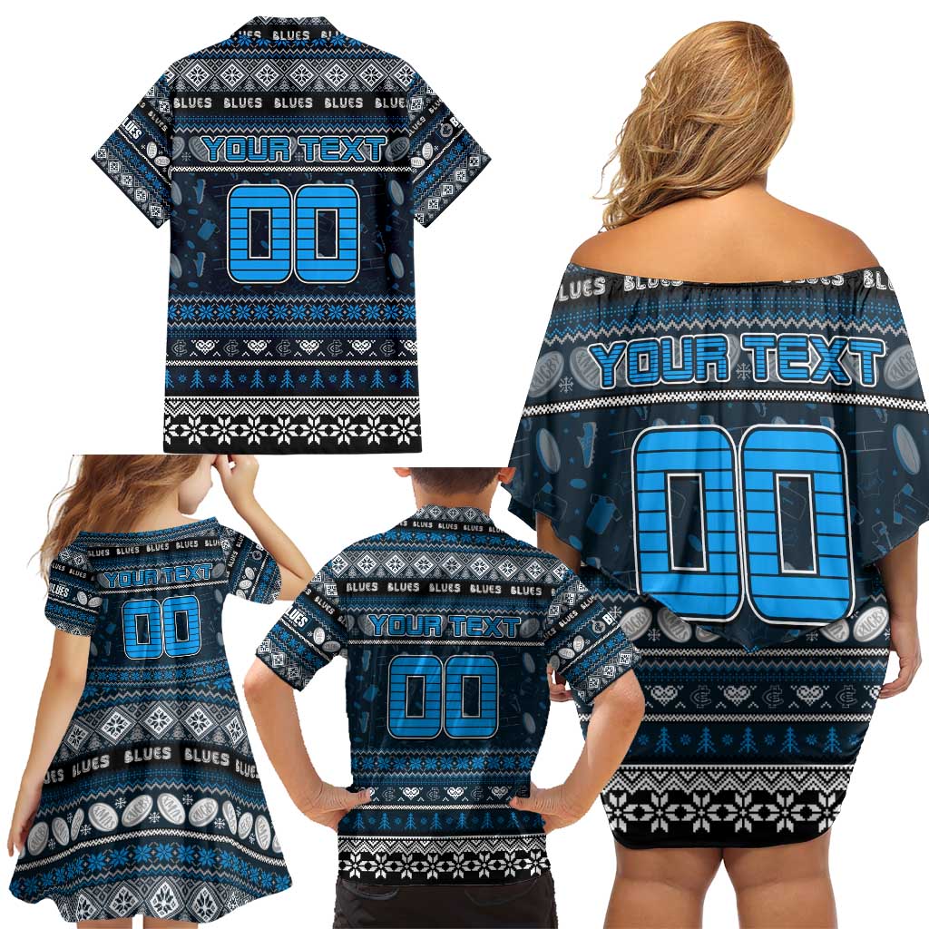 Personalized Blues Rugby Xmas Family Matching Off Shoulder Short Dress and Hawaiian Shirt Australia AFL Mascot