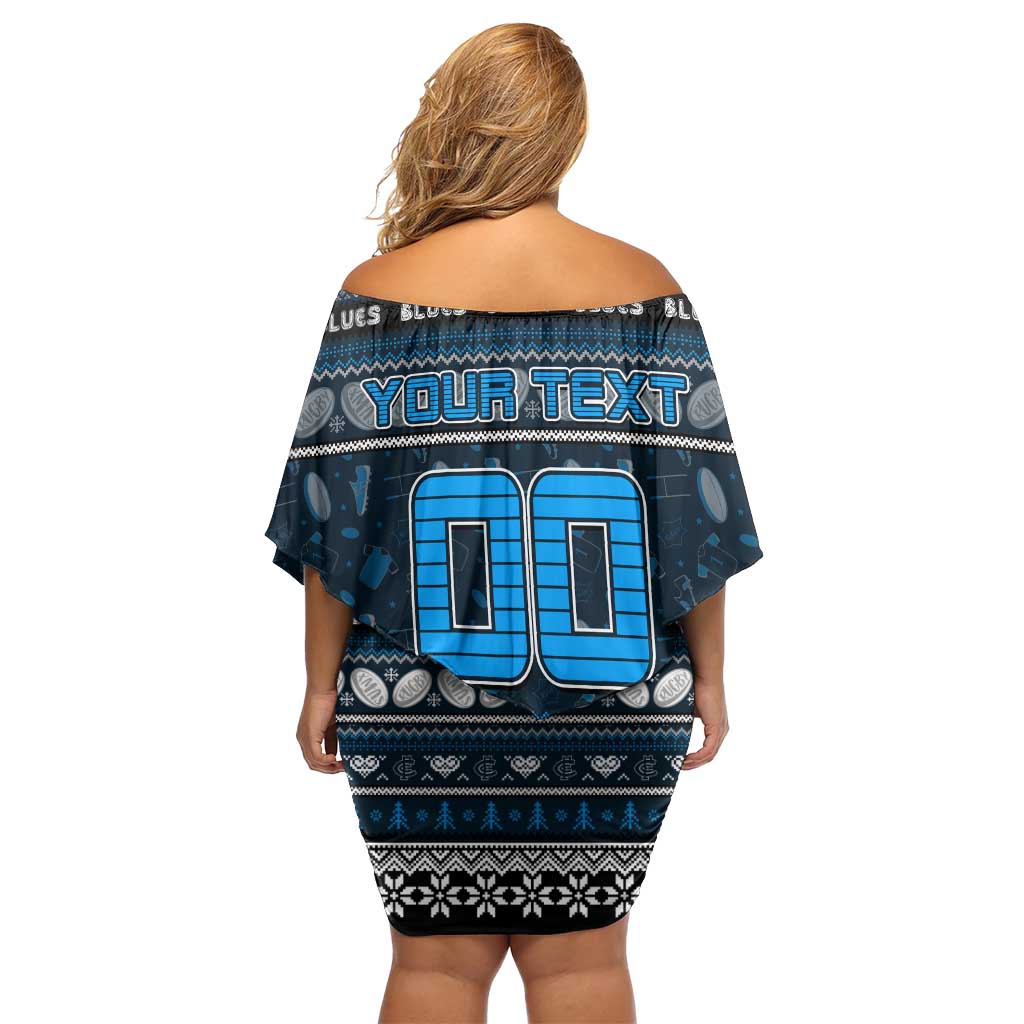 Personalized Blues Rugby Xmas Family Matching Off Shoulder Short Dress and Hawaiian Shirt Australia AFL Mascot