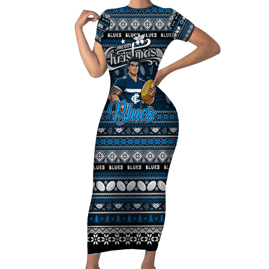 Personalized Blues Rugby Xmas Family Matching Short Sleeve Bodycon Dress and Hawaiian Shirt Australia AFL Mascot