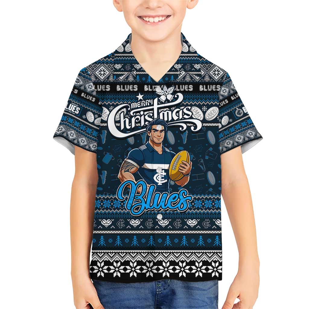 Personalized Blues Rugby Xmas Family Matching Short Sleeve Bodycon Dress and Hawaiian Shirt Australia AFL Mascot