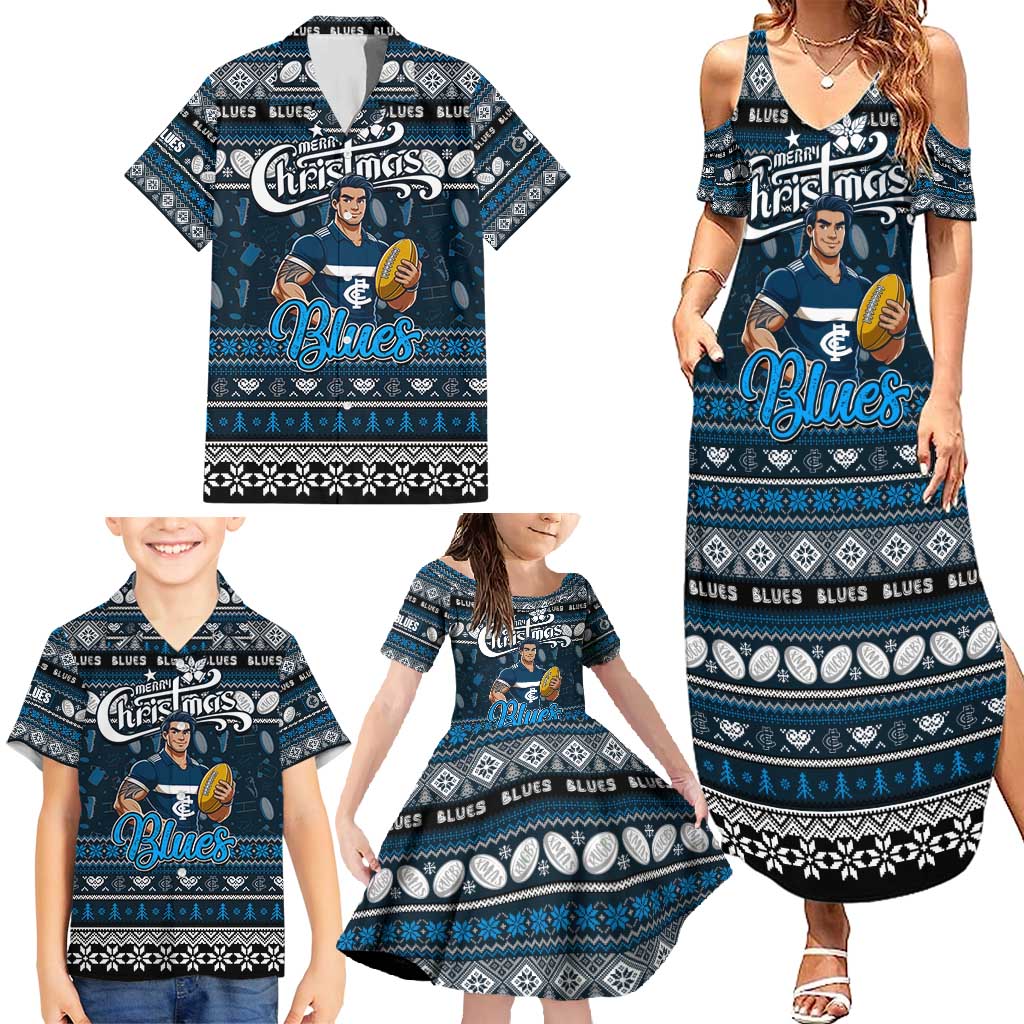 Personalized Blues Rugby Xmas Family Matching Summer Maxi Dress and Hawaiian Shirt Australia AFL Mascot