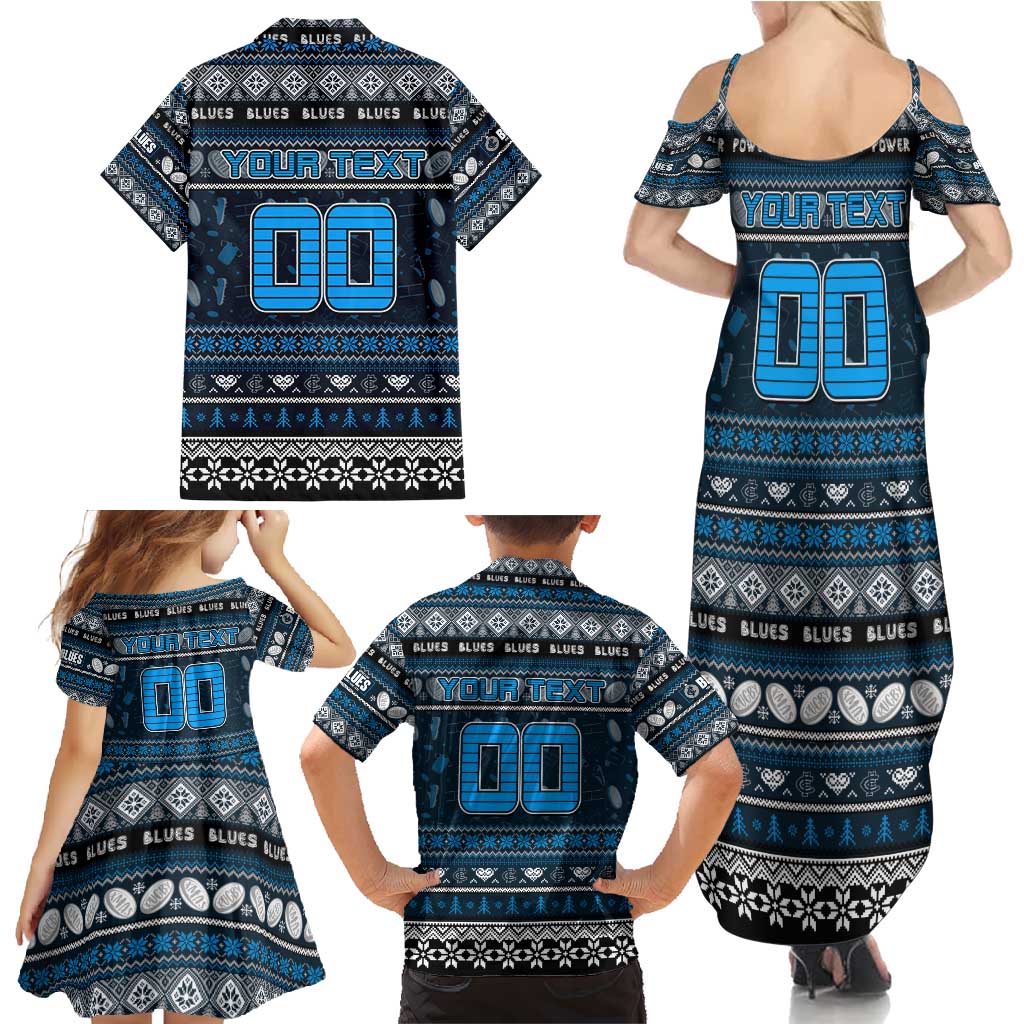 Personalized Blues Rugby Xmas Family Matching Summer Maxi Dress and Hawaiian Shirt Australia AFL Mascot
