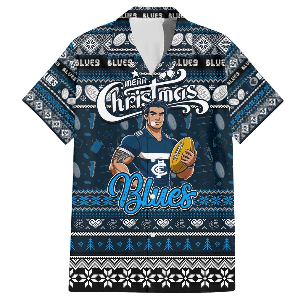 Personalized Blues Rugby Xmas Family Matching Summer Maxi Dress and Hawaiian Shirt Australia AFL Mascot