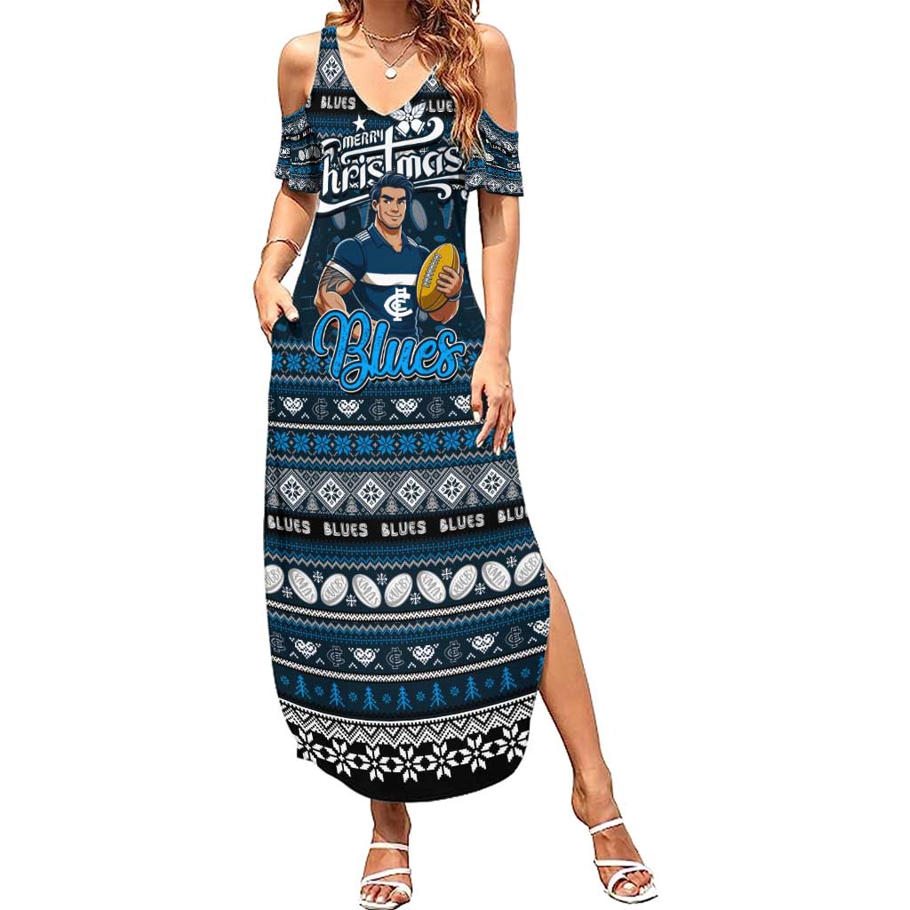 Personalized Blues Rugby Xmas Family Matching Summer Maxi Dress and Hawaiian Shirt Australia AFL Mascot