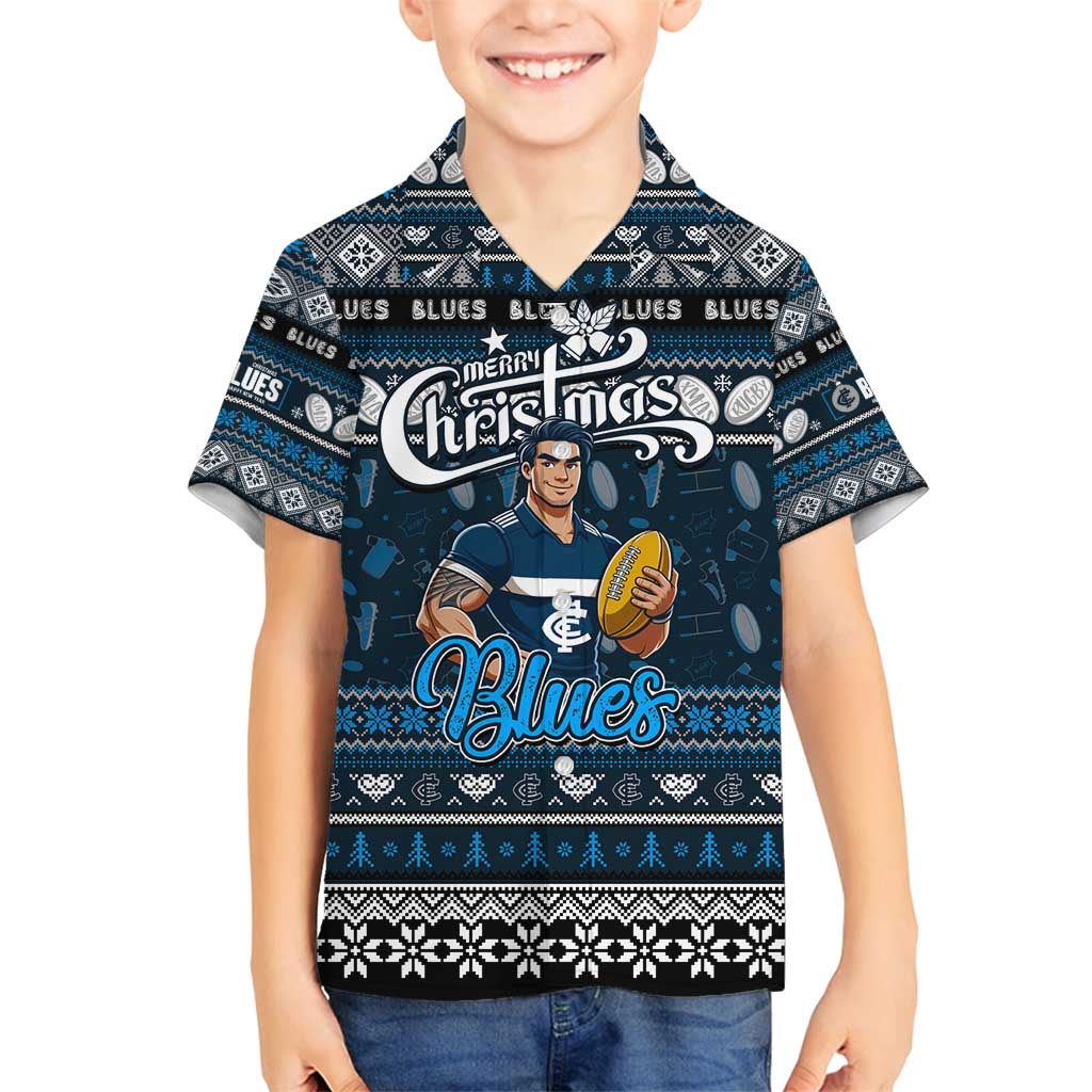 Personalized Blues Rugby Xmas Family Matching Summer Maxi Dress and Hawaiian Shirt Australia AFL Mascot