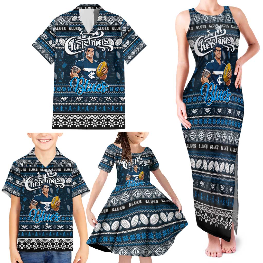 Personalized Blues Rugby Xmas Family Matching Tank Maxi Dress and Hawaiian Shirt Australia AFL Mascot
