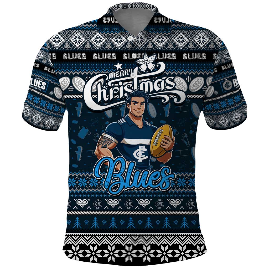 Personalized Blues Football Xmas Polo Shirt Australia AFL Mascot - Vibe Hoodie Shop