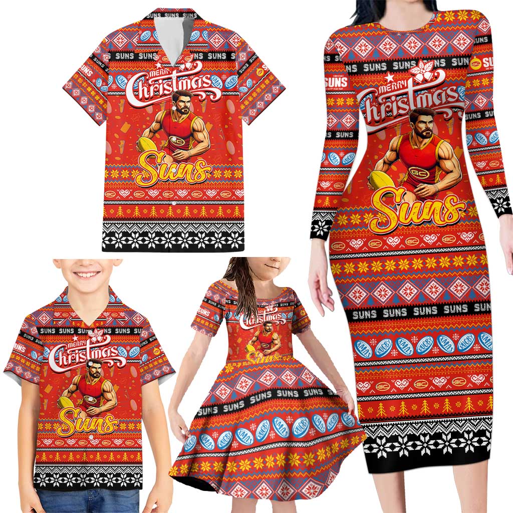 Personalized Suns Rugby Xmas Family Matching Long Sleeve Bodycon Dress and Hawaiian Shirt Australia AFL Mascot