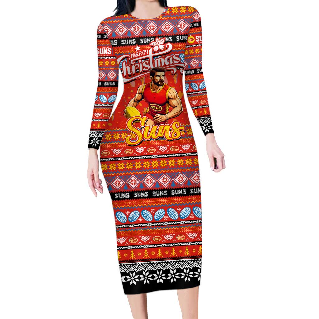 Personalized Suns Rugby Xmas Family Matching Long Sleeve Bodycon Dress and Hawaiian Shirt Australia AFL Mascot