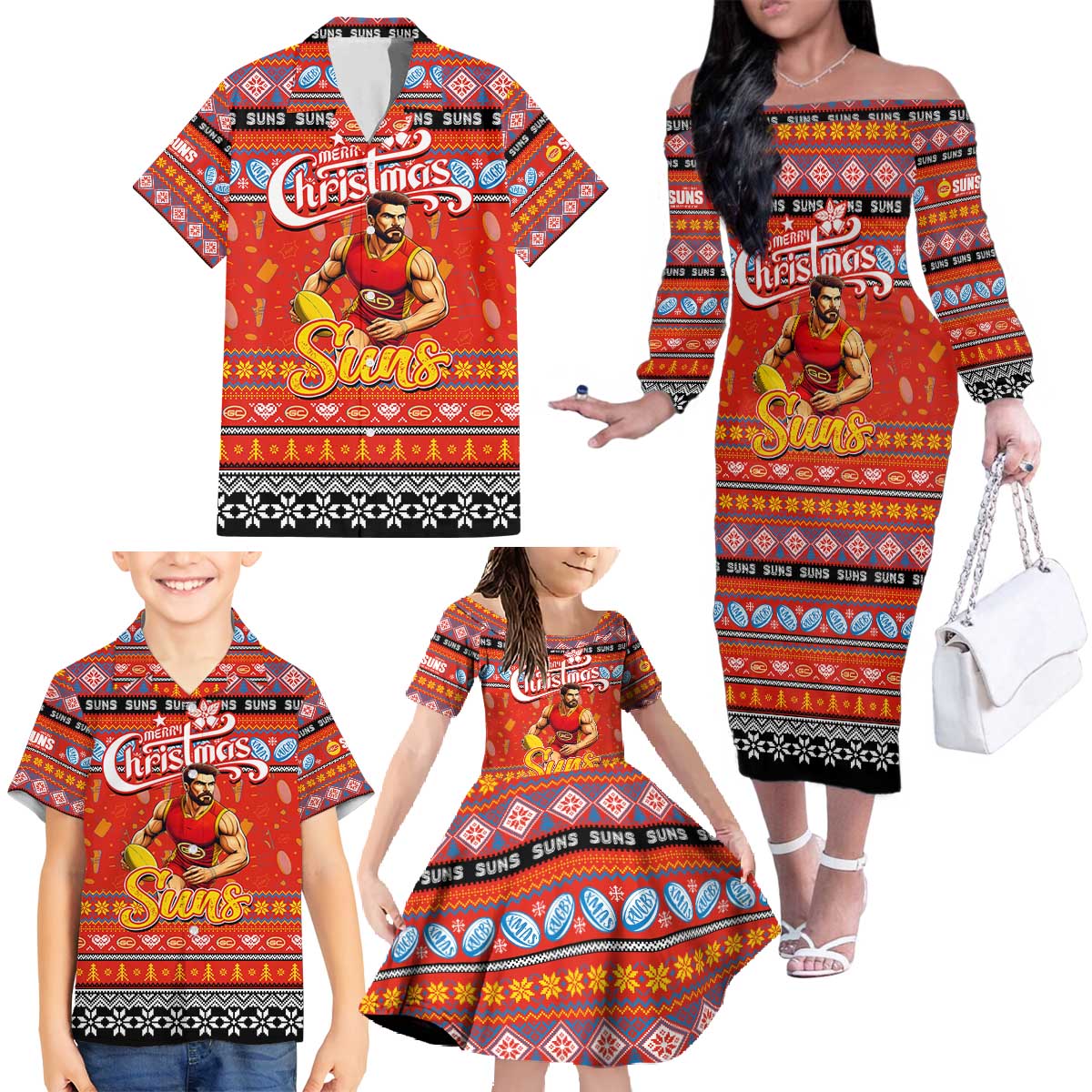 Personalized Suns Rugby Xmas Family Matching Off The Shoulder Long Sleeve Dress and Hawaiian Shirt Australia AFL Mascot
