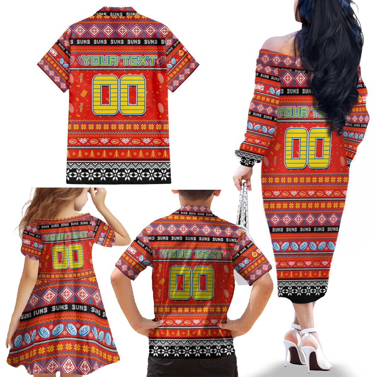 Personalized Suns Rugby Xmas Family Matching Off The Shoulder Long Sleeve Dress and Hawaiian Shirt Australia AFL Mascot