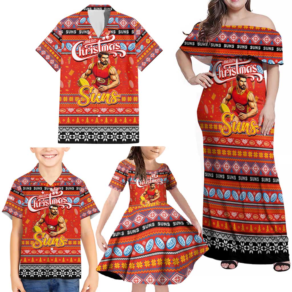 Personalized Suns Rugby Xmas Family Matching Off Shoulder Maxi Dress and Hawaiian Shirt Australia AFL Mascot