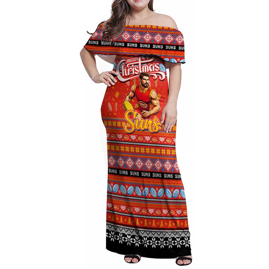Personalized Suns Rugby Xmas Family Matching Off Shoulder Maxi Dress and Hawaiian Shirt Australia AFL Mascot