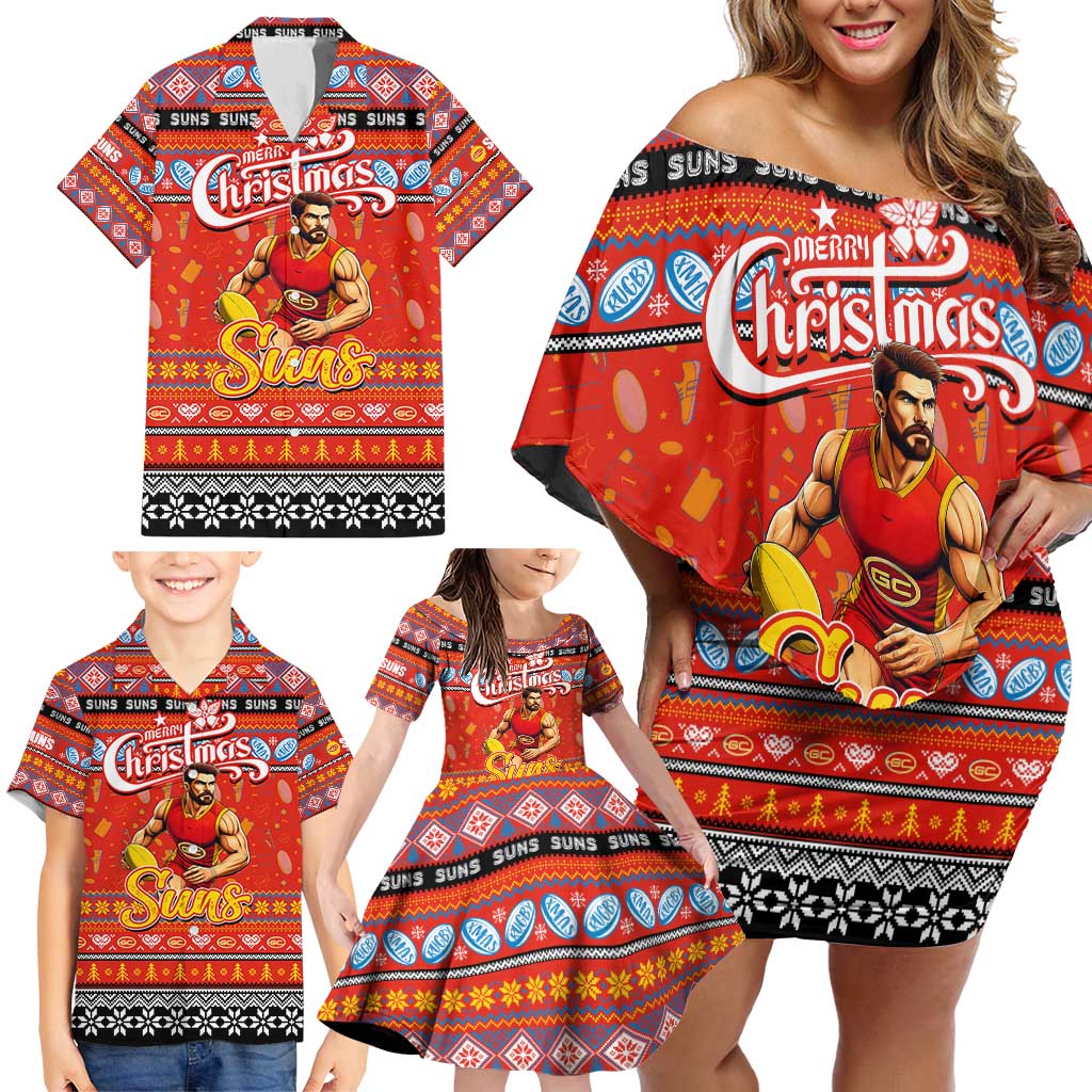Personalized Suns Rugby Xmas Family Matching Off Shoulder Short Dress and Hawaiian Shirt Australia AFL Mascot