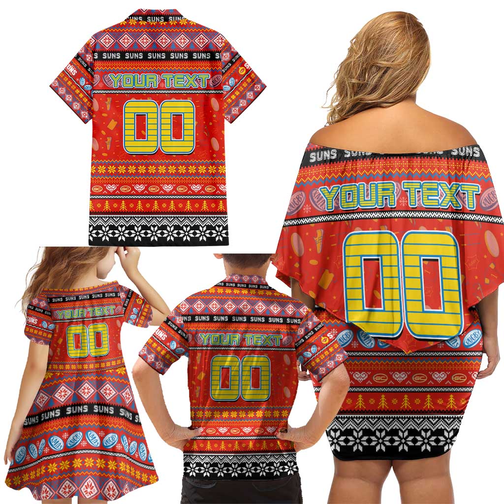 Personalized Suns Rugby Xmas Family Matching Off Shoulder Short Dress and Hawaiian Shirt Australia AFL Mascot