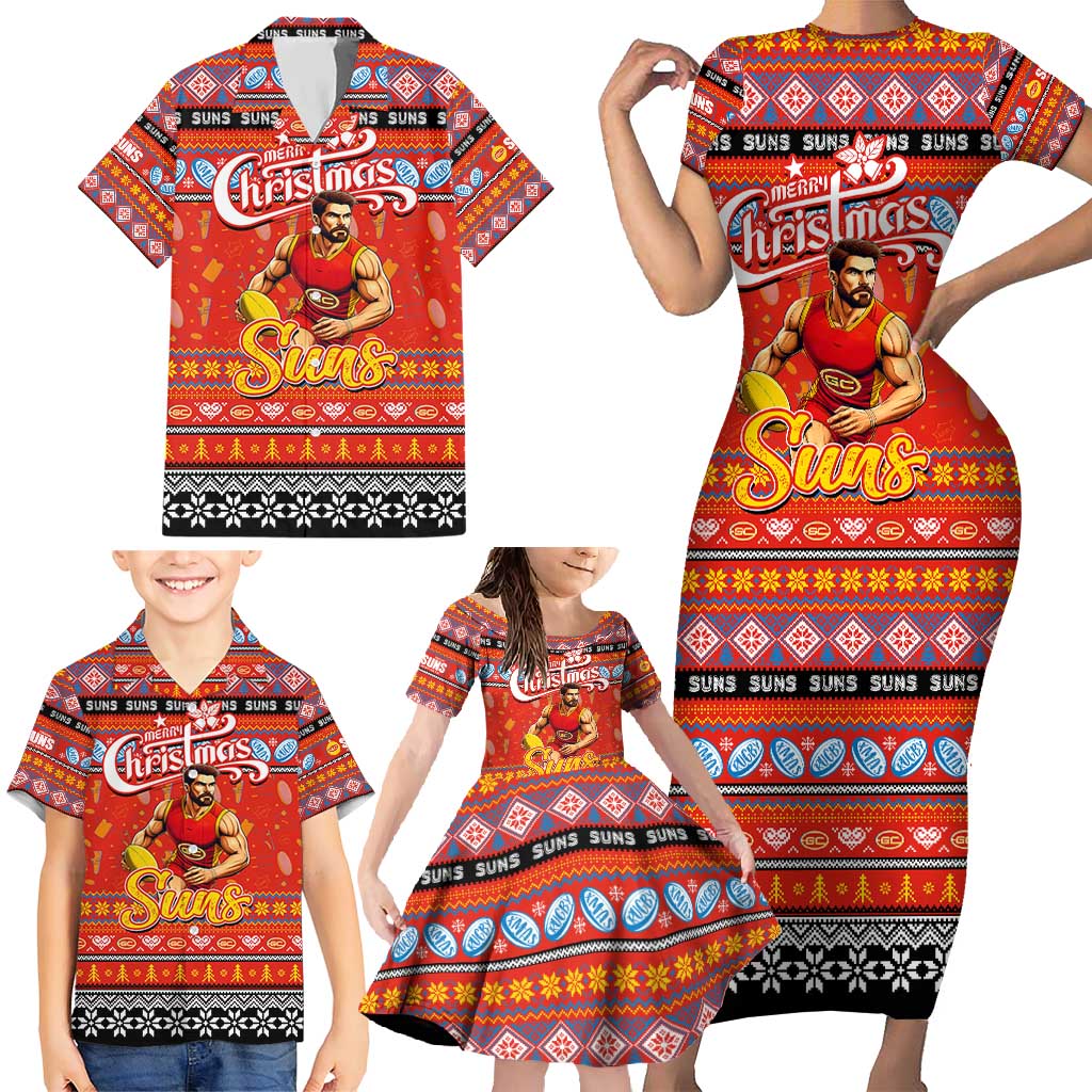 Personalized Suns Rugby Xmas Family Matching Short Sleeve Bodycon Dress and Hawaiian Shirt Australia AFL Mascot