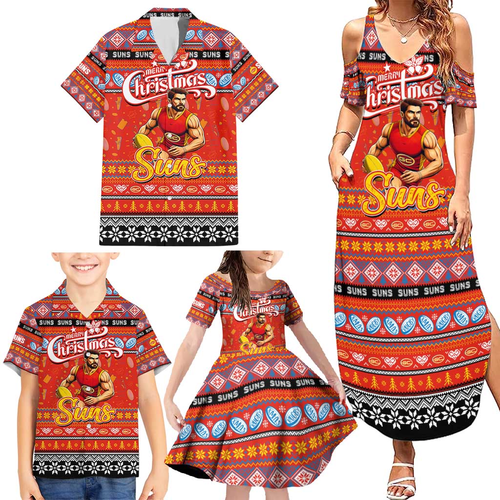 Personalized Suns Rugby Xmas Family Matching Summer Maxi Dress and Hawaiian Shirt Australia AFL Mascot