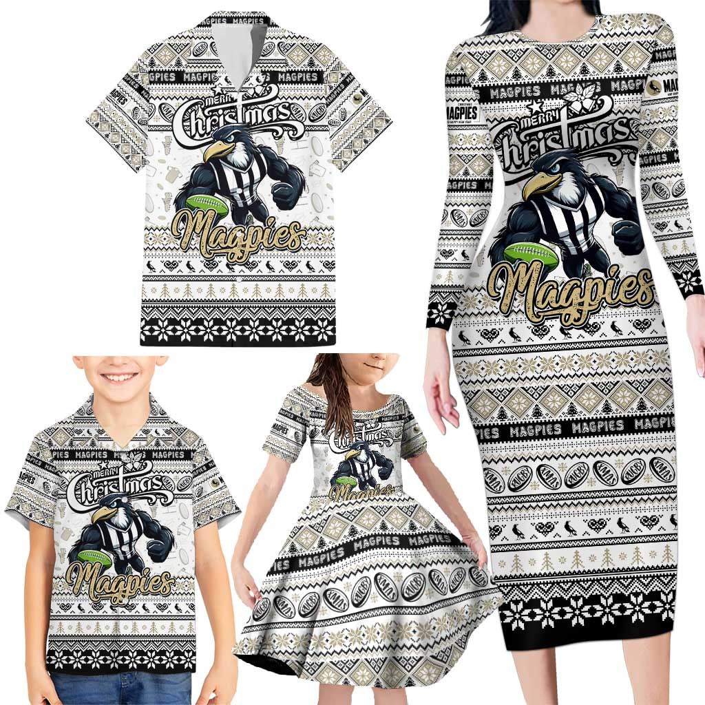 Personalized Magpies Rugby Xmas Family Matching Long Sleeve Bodycon Dress and Hawaiian Shirt Australia AFL Mascot