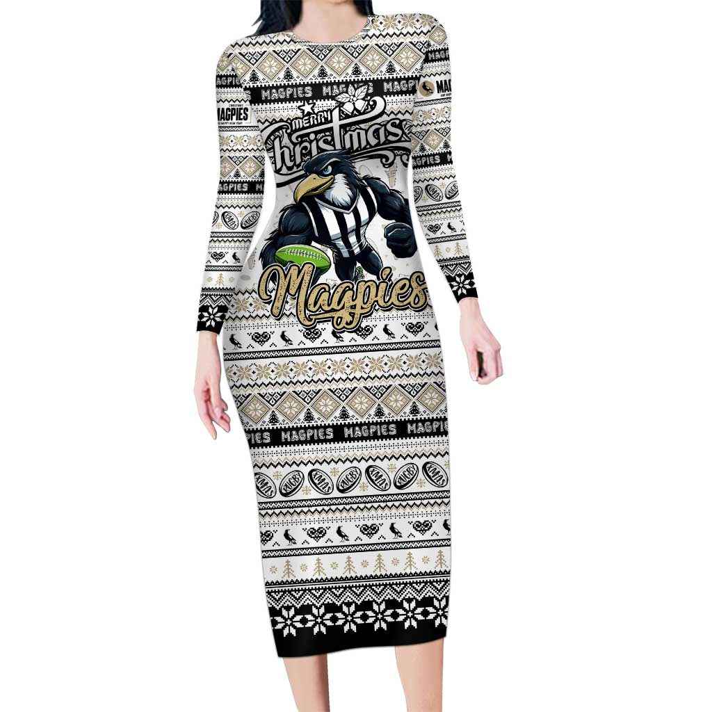 Personalized Magpies Rugby Xmas Family Matching Long Sleeve Bodycon Dress and Hawaiian Shirt Australia AFL Mascot