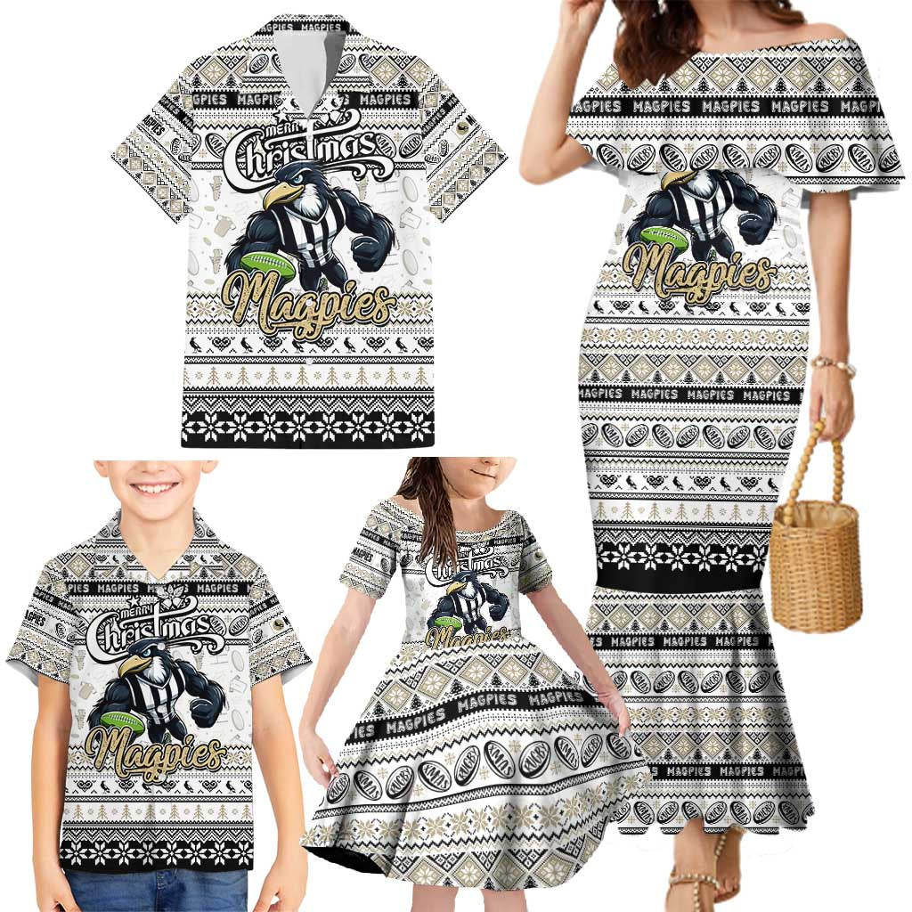 Personalized Magpies Rugby Xmas Family Matching Mermaid Dress and Hawaiian Shirt Australia AFL Mascot