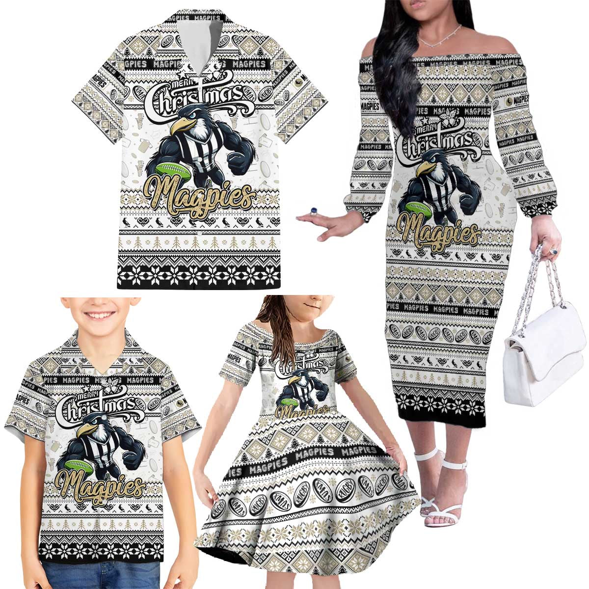 Personalized Magpies Rugby Xmas Family Matching Off The Shoulder Long Sleeve Dress and Hawaiian Shirt Australia AFL Mascot