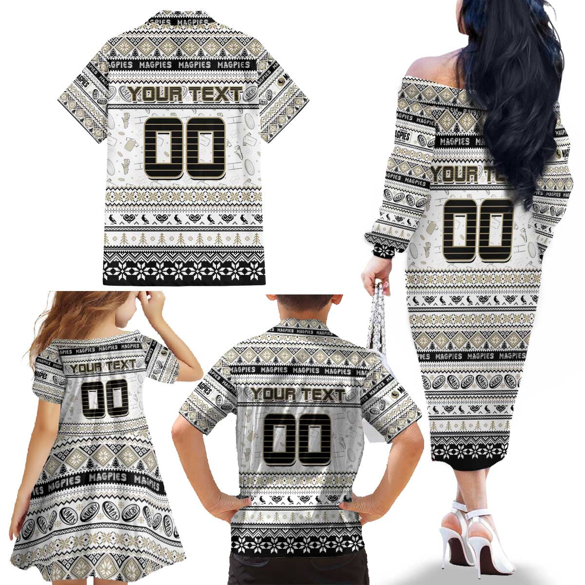 Personalized Magpies Rugby Xmas Family Matching Off The Shoulder Long Sleeve Dress and Hawaiian Shirt Australia AFL Mascot