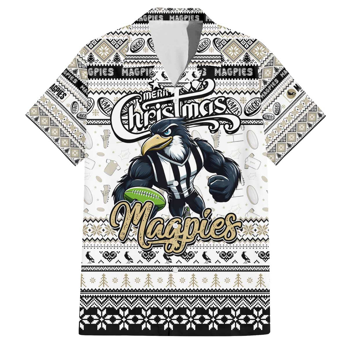 Personalized Magpies Rugby Xmas Family Matching Off The Shoulder Long Sleeve Dress and Hawaiian Shirt Australia AFL Mascot