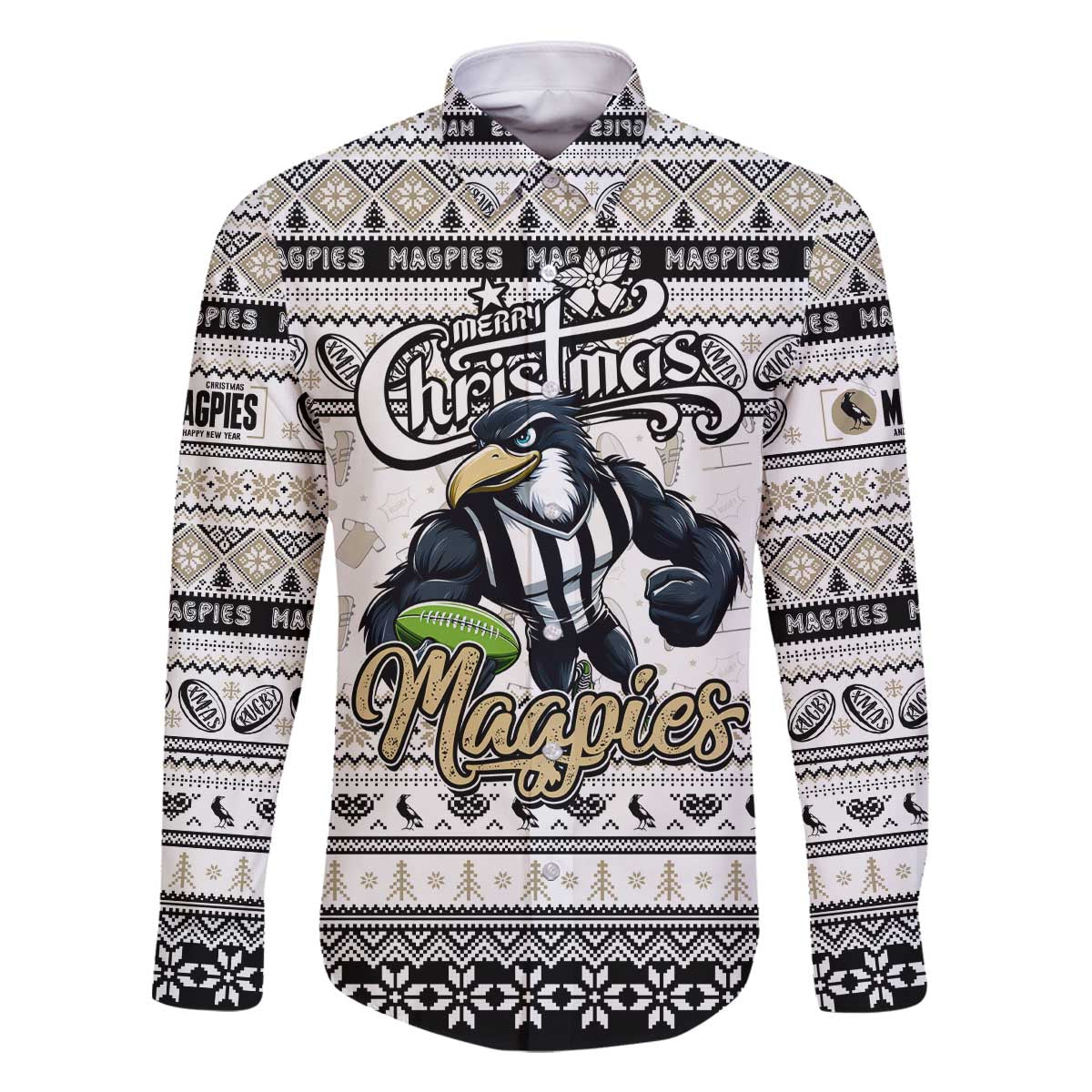 Personalized Magpies Rugby Xmas Family Matching Off The Shoulder Long Sleeve Dress and Hawaiian Shirt Australia AFL Mascot