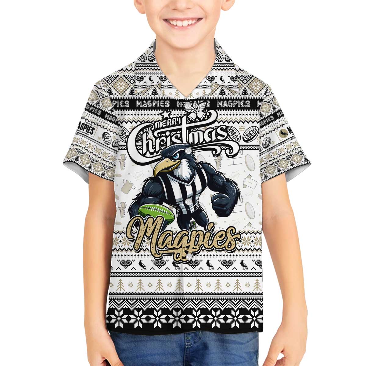 Personalized Magpies Rugby Xmas Family Matching Off The Shoulder Long Sleeve Dress and Hawaiian Shirt Australia AFL Mascot